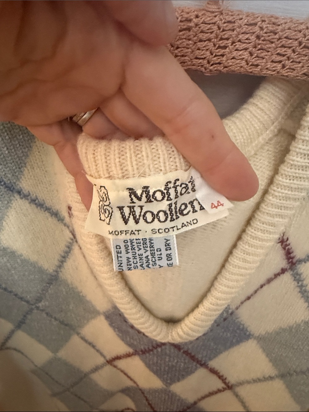 Moffat Woollens Cream and Blue Argyle Wool Sweater -